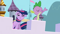 Size: 1365x768 | Tagged: safe, screencap, spike, twilight sparkle, g4, the crystal empire, looking at you