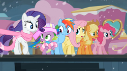 Size: 1365x768 | Tagged: safe, screencap, applejack, fluttershy, pinkie pie, rainbow dash, rarity, spike, g4, the crystal empire, clothes, scarf, snow