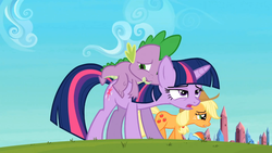 Size: 1365x768 | Tagged: safe, screencap, applejack, rainbow dash, spike, twilight sparkle, dragon, pony, g4, the crystal empire, dragons riding ponies, riding, spike riding twilight