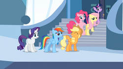 Size: 1365x768 | Tagged: safe, screencap, applejack, fluttershy, pinkie pie, rainbow dash, rarity, twilight sparkle, g4, the crystal empire, female, mane six