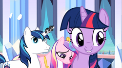 Size: 1366x768 | Tagged: safe, screencap, princess cadance, shining armor, twilight sparkle, g4, the crystal empire, crystal empire, frown, glowing horn, grin, horn, horn crystals, magic, magic suppression, sad, smiling, tired, vacant expression, wat, wide eyes
