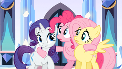 Size: 1365x768 | Tagged: safe, screencap, fluttershy, pinkie pie, rarity, g4, the crystal empire