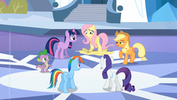 Size: 1365x768 | Tagged: safe, screencap, applejack, fluttershy, rainbow dash, rarity, spike, twilight sparkle, g4, the crystal empire