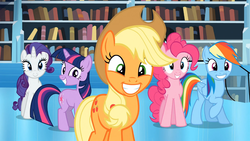 Size: 1365x768 | Tagged: safe, screencap, applejack, pinkie pie, rainbow dash, rarity, g4, my little pony: friendship is magic, the crystal empire, awkward smile, smiling