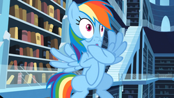 Size: 1365x768 | Tagged: safe, screencap, rainbow dash, pegasus, pony, g4, season 3, the crystal empire, book, bookshelf, faic, female, flying, great moments in animation, mare, solo, spread wings, staircase, stairs, wings
