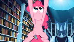 Size: 1365x768 | Tagged: safe, screencap, pinkie pie, earth pony, pony, g4, season 3, the crystal empire, book, bookshelf, female, jumping, library, looking up, mare, smiling, solo