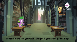 Size: 1910x1037 | Tagged: safe, screencap, owlowiscious, spike, g4, inspiration manifestation, castle of the royal pony sisters, hub logo, library