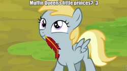 Size: 960x538 | Tagged: safe, screencap, chirpy hooves, g4, trade ya!, caption, headcanon, mouth hold, quill, solo