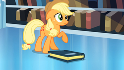 Size: 1365x768 | Tagged: safe, screencap, applejack, g4, the crystal empire, book, female, library, raised hoof, solo