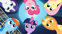 Size: 1365x767 | Tagged: safe, screencap, applejack, fluttershy, pinkie pie, rainbow dash, rarity, twilight sparkle, g4, the crystal empire, female, looking at you, looking down, looking down at you, mane six