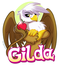 Size: 792x836 | Tagged: safe, artist:marymouse, gilda, griffon, g4, abstract background, apple, bipedal, crossed arms, female, looking at you, solo, spread wings, tail hold, wings