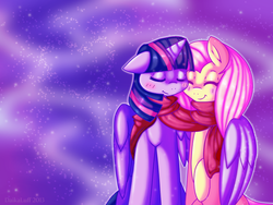 Size: 746x560 | Tagged: safe, artist:daikaluff, fluttershy, twilight sparkle, alicorn, pony, g4, blushing, female, lesbian, mare, ship:twishy, shipping, twilight sparkle (alicorn)