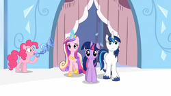 Size: 1365x768 | Tagged: safe, screencap, pinkie pie, princess cadance, shining armor, twilight sparkle, g4, the crystal empire, flugelhorn