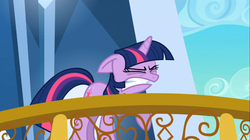 Size: 1365x767 | Tagged: safe, screencap, twilight sparkle, pony, unicorn, g4, the crystal empire, balcony, eyes closed, faic, female, floppy ears, gritted teeth, mare, raised hoof, solo, unicorn twilight