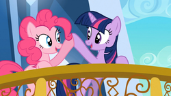 Size: 1365x768 | Tagged: safe, screencap, pinkie pie, twilight sparkle, earth pony, pony, unicorn, g4, the crystal empire, cute, diapinkes, duo, happy, hoofbump, looking at each other, looking at someone, open mouth, twiabetes, unicorn twilight