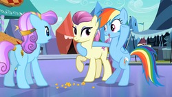 Size: 1365x768 | Tagged: safe, screencap, fleur de verre, rainbow dash, sapphire joy, crystal pony, pony, g4, my little pony: friendship is magic, the crystal empire, corn, food