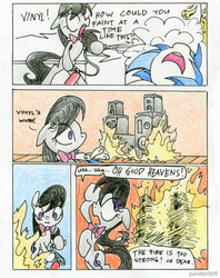 Size: 778x980 | Tagged: safe, artist:pandan009, dj pon-3, octavia melody, vinyl scratch, g4, comic, fire, my little pony in the sims, scene parody, the ponies, the sims, too dumb to live, traditional art, wub, youtube