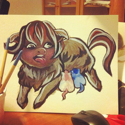 Size: 500x500 | Tagged: safe, artist:fwufee, fluffy pony, pony, acrylic painting, breastfeeding, crotchboobs, derp, fluffy pony foals, fluffy pony mother, horses doing horse things, nonsexual nursing, nudity, nursing, suckling, traditional art