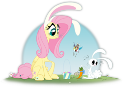 Size: 1416x1017 | Tagged: safe, artist:grievousfan, angel bunny, discord, fluttershy, g4, bunny ears, easter