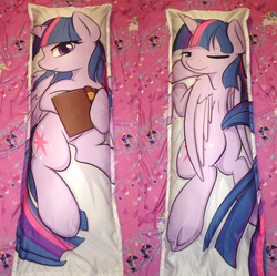Size: 2600x2592 | Tagged: safe, artist:theparagon, twilight sparkle, alicorn, pony, g4, bedroom eyes, blanket, body pillow, book, female, high res, jin, mare, photo, smiling, twilight sparkle (alicorn), underhoof, wink