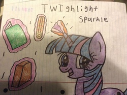 Size: 2592x1936 | Tagged: safe, artist:pizzamovies, twilight sparkle, g4, book, colored, female, magic, note, open mouth, smiling, solo, telekinesis, traditional art
