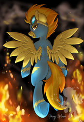 Size: 1024x1497 | Tagged: safe, artist:annakitsun3, spitfire, pegasus, pony, g4, butt, clothes, female, fire, flying, goggles, plot, smiling, solo, spread wings, underhoof, uniform, wings, wonderbolts uniform