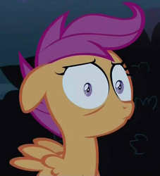 Size: 369x407 | Tagged: safe, screencap, scootaloo, pegasus, pony, g4, female, filly, floppy ears, reaction image, shrunken pupils, solo, wat, what has been seen, when you see it