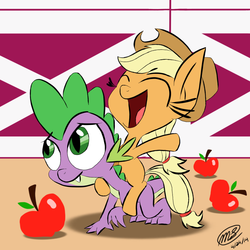 Size: 1024x1024 | Tagged: safe, artist:loreto-arts, applejack, spike, g4, age regression, all fours, apple, applejack riding spike, cute, eyes closed, fangs, female, filly, happy, jackabetes, male, open mouth, ponies riding dragons, riding, smiling