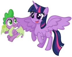 Size: 2829x2253 | Tagged: safe, artist:thecheeseburger, spike, twilight sparkle, alicorn, dragon, pony, g4, cute, female, flying, happy, high res, hilarious in hindsight, male, mare, twilight sparkle (alicorn), winged spike, wings