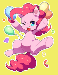 Size: 800x1039 | Tagged: safe, artist:kabosu, pinkie pie, earth pony, pony, g4, balloon, confetti, cute, diapinkes, female, looking at you, mare, one eye closed, open mouth, pixiv, simple background, solo, wink, yellow background