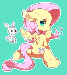 Size: 800x900 | Tagged: safe, artist:kabosu, angel bunny, fluttershy, g4, butt, female, flutterbutt, green background, pixiv, plot, simple background, solo, sweat, sweatdrops