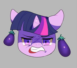 Size: 800x700 | Tagged: safe, artist:kabosu, twilight sparkle, g4, angry, annoyed, eggplant, eggplant sparkle, female, floppy ears, gritted teeth, looking at you, nose wrinkle, pixiv, solo, twiman