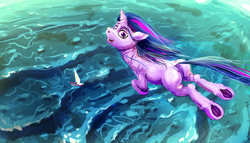 Size: 3235x1855 | Tagged: safe, artist:sharpieboss, twilight sparkle, g4, boat, butt, falling, female, floppy ears, looking at you, looking back, ocean, plot, ship, smiling, solo, twibutt, underhoof, water