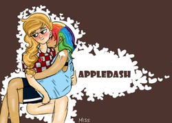 Size: 700x500 | Tagged: dead source, safe, artist:misspolycysticovary, applejack, rainbow dash, human, g4, duo, female, heart, hug, humanized, lesbian, ship:appledash, shipping