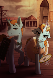 Size: 600x883 | Tagged: safe, artist:probablyfakeblonde, beyond (g4), infinity (g4), g4, trade ya!, bioshock infinite, lutece twins, ponified, robert lutece, rosalind lutece