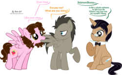 Size: 900x555 | Tagged: safe, artist:shinta-girl, doctor whooves, time turner, oc, oc:shinta pony, pegasus, pony, unicorn, ask discorded whooves, g4, aaron pony, bowtie, discord whooves, discorded, doctor, doctor who, female, looking at each other, male, mare, race swap, simple background, speech bubble, stallion, the doctor, transparent background, trio, vector