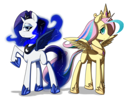Size: 1800x1500 | Tagged: safe, artist:xonitum, fluttershy, princess celestia, princess luna, rarity, pegasus, pony, unicorn, g4, accessory swap, alternate hairstyle, clothes, colored pupils, constellation, costume, duo, ethereal mane, eyeshadow, fake horn, fake wings, female, frown, hoof shoes, jewelry, lidded eyes, looking at you, lunarity, makeup, mane swap, mare, peytral, raised hoof, shylestia, simple background, smiling, spread wings, tiara, transparent background, wings