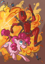 Size: 1051x1500 | Tagged: safe, artist:sitting-on-tear, pinkie pie, rainbow dash, g4, crossover, deadpool, explosion