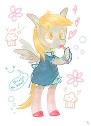 Size: 600x830 | Tagged: safe, artist:sitting-on-tear, derpy hooves, pony, g4, bipedal, clothes, dress, female, lipstick, makeup, muffin, solo, stockings