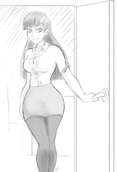 Size: 2407x3524 | Tagged: safe, artist:kinkypinkie, twilight sparkle, human, g4, breasts, busty twilight sparkle, clothes, door, female, high res, humanized, monochrome, office, solo, wide hips