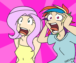 Size: 963x792 | Tagged: safe, artist:kprovido, fluttershy, rainbow dash, human, g4, trade ya!, duo, humanized, scene interpretation, screaming