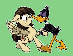 Size: 1650x1276 | Tagged: safe, artist:latecustomer, wild fire, duck, g4, bedroom eyes, crossover, crossover shipping, daffy duck, inside joke, interspecies, looney tunes, sibsy, simple background