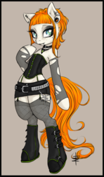 Size: 533x900 | Tagged: safe, artist:tt-n, oc, oc only, oc:mt, semi-anthro, boots, clothes, corset, earring, goth, piercing, solo