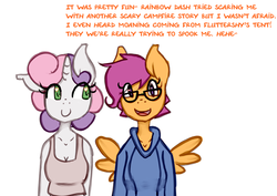 Size: 1280x907 | Tagged: safe, artist:somescrub, scootaloo, sweetie belle, anthro, ask nudist sweetie belle, g4, clothes, explicit source, glasses, hoodie, implied flutterdash, older