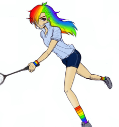 Size: 1309x1392 | Tagged: safe, artist:asdf314159265, rainbow dash, human, g4, female, humanized, solo, tennis