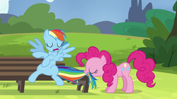 Size: 1920x1080 | Tagged: safe, screencap, pinkie pie, rainbow dash, pony, g4, testing testing 1-2-3, biting, duo, tail, tail bite, tail pull