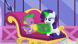 Size: 1200x675 | Tagged: safe, screencap, rarity, spike, dragon, pony, unicorn, g4, inspiration manifestation, book, duo, fainting couch, female, inspiration manifestation book, magic, magic aura, male, mare, mid-blink screencap, telekinesis