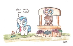 Size: 2289x1434 | Tagged: safe, artist:bobthedalek, dj pon-3, vinyl scratch, oc, earth pony, pony, unicorn, g4, dandelion, flower, necktie, stall, traditional art