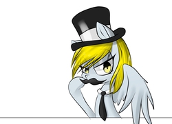 Size: 2500x1800 | Tagged: safe, artist:burnoid096, derpy hooves, pegasus, pony, g4, female, hat, mare, moustache, necktie, simple background, solo, top hat, wallpaper