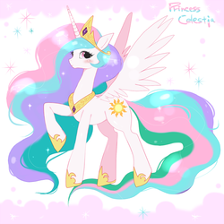 Size: 800x800 | Tagged: safe, artist:oniku, princess celestia, alicorn, pony, g4, blushing, cute, cutelestia, female, mare, pixiv, raised hoof, solo, spread wings, wings